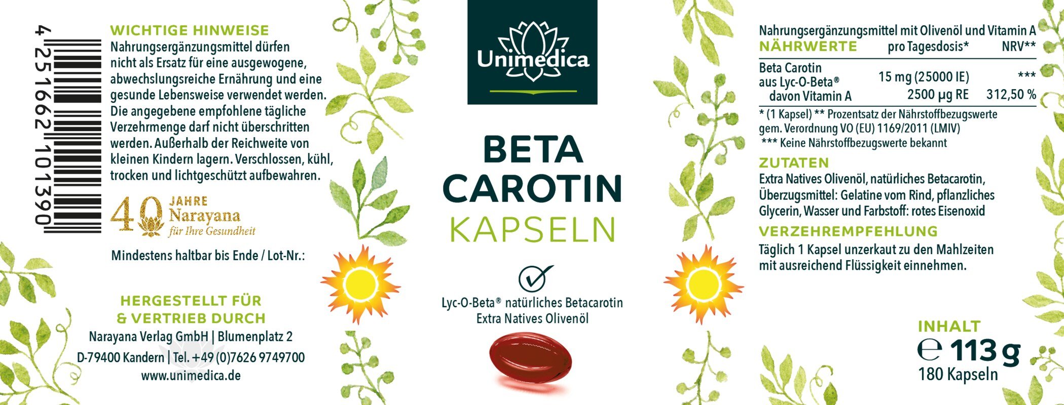 Beta Carotin - aus Lyc-O-Beta® - 15 mg - 25.000 IE pro Tagesdosis - 180 Softgelkapseln Etikett Kornkammer Natur