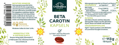 Beta Carotin - aus Lyc-O-Beta® - 15 mg - 25.000 IE pro Tagesdosis - 180 Softgelkapseln Etikett Kornkammer Natur