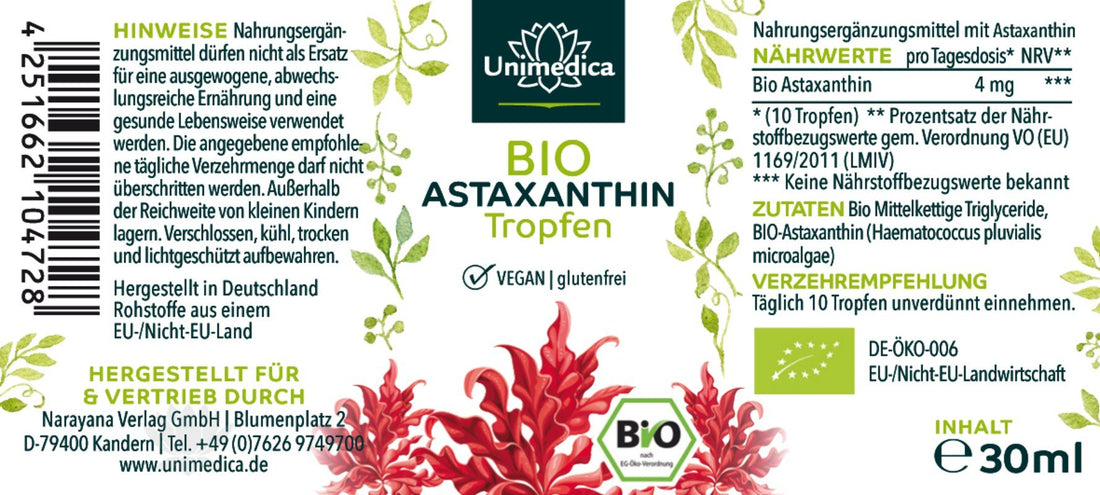 Astaxanthin Tropfen - 4 mg pro Tagesdosis (10 Tropfen) Bio - 30 ml