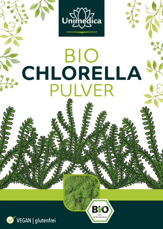 Chlorella Pulver Bio - laborgeprüft und naturrein 250g Etikett