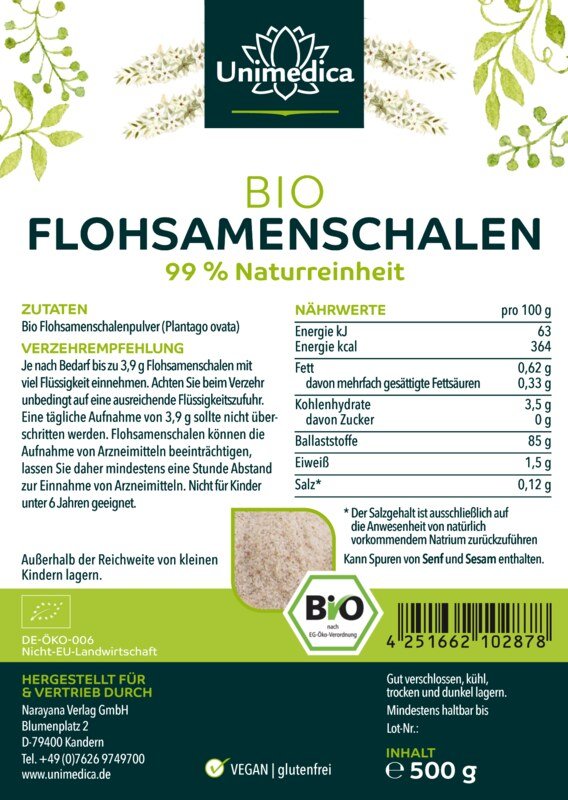 Flohsamenschalen Bio - Premiumqualität - 500 g Pulver