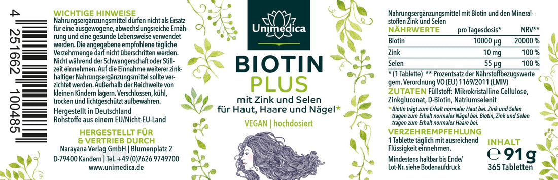 Biotin Plus mit Selen und Zink* - für Haut, Haare und Nägel - 365 Tabletten Unimedica Kornkammer Etikett