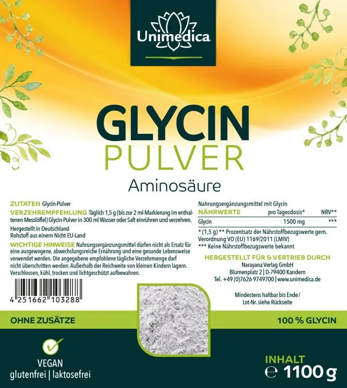 Glycin Pulver - Aminosäure - 1.500 mg pro Tagesdosis - 1100 g unimedica Etikett