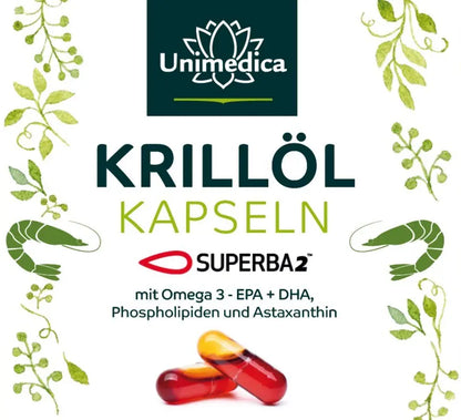 Das &quot;Krillöl Kapseln&quot; von Unimedica enthält Superba²-Krillöl mit Omega-3-Fettsäuren (EPA + DHA), Phospholipiden und Astaxanthin.