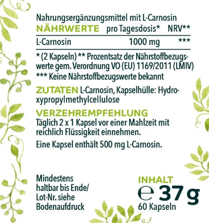 L-Carnosin - 1000 mg pro Tagesdosis (2 Kapseln) - hochdosiert - 60 Kapseln Etikett Anwendung