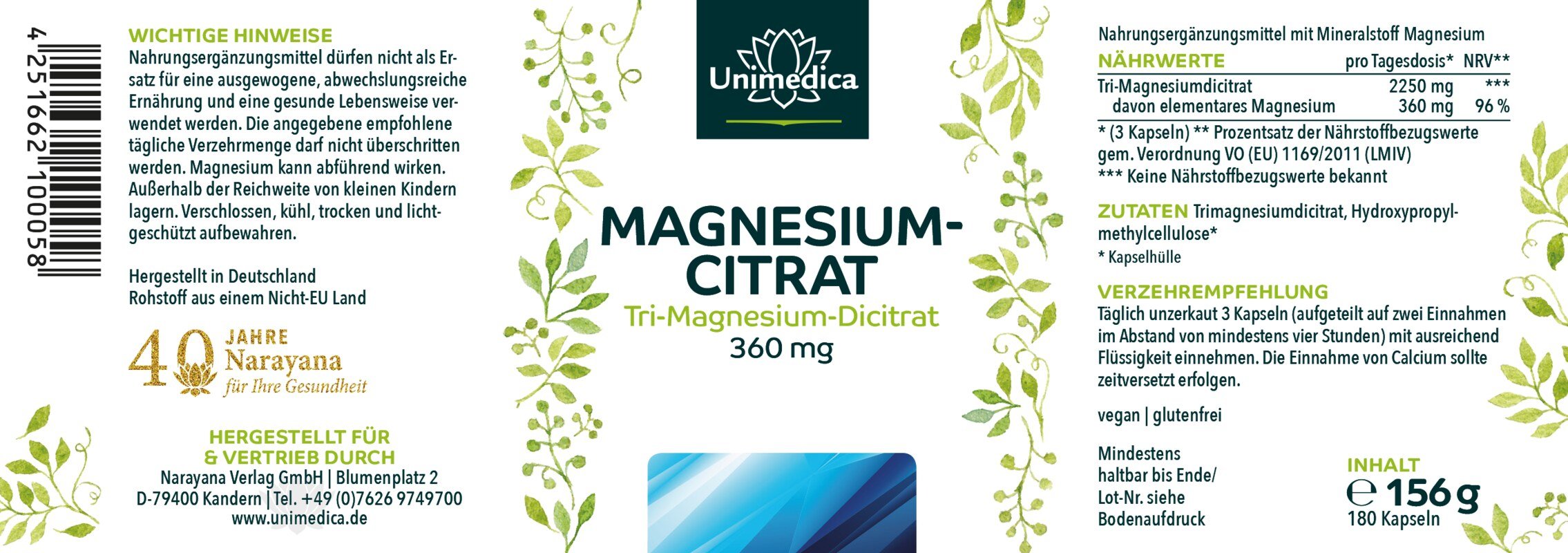 Magnesium in Kapseln - Magnesiumcitrat - Tri-Magnesium-Dicitrat - 360 mg elementares Magnesium pro Tagesdosis (3 Kapseln) - 180 Kapseln Etikett