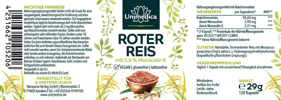 Roter Reis - Rotschimmelreis aus natürlicher Fermentation - mit 2,51 mg Monacolin K - 120 Kapseln Etikett