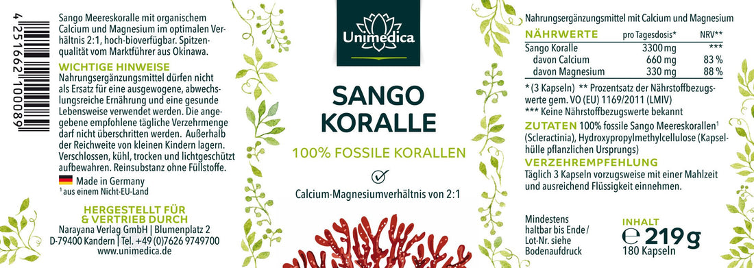 Sango Koralle - 100 % fossile Korallen aus Okinawa (Japan) - 3.300 mg pro Tagesdosis (3 Kapseln) - 180 Kapseln