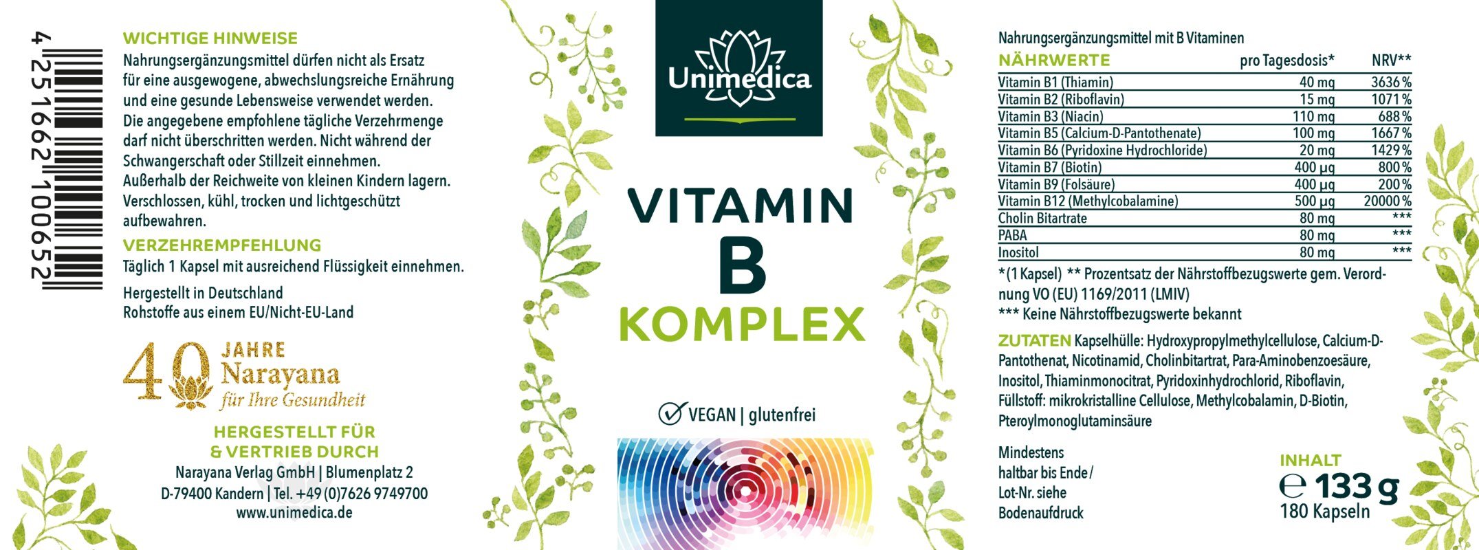 Vitamin B Komplex - hochdosiert - 180 Kapseln Etikett