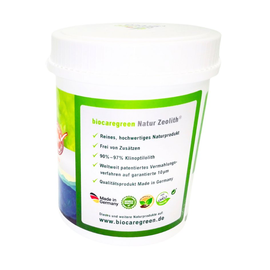 Natur Zeolith Biocaregreen 250g Entschlackung Darm Mensch Vulkanisches Urpordukt Biocare Green Mineralien Darmgesundheit Tier Rückseite